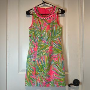 Lilly Pulitzer shift dress, size 0, pink, green & blue with pompom detail @neck